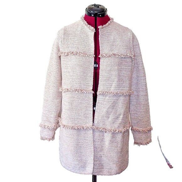 Chico's Fringe Cardigan Beige Womens Size 1 Medium Sparkly Open Front - Picture 1 of 8